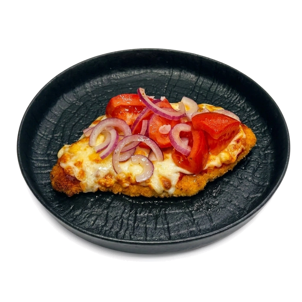 Курица пармиджано с томатами и луком